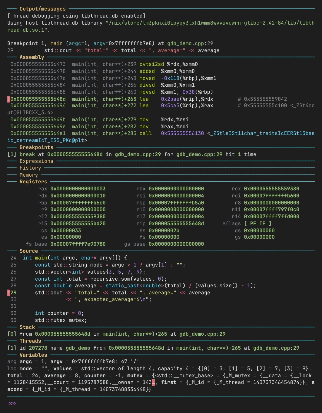 gdb-dashboard 停在 gdb_demo.cpp 第 29 行时的完整界面，从上到下依次是 Output/messages、Assembly、Breakpoints、Expressions、History、Memory、Registers、Source、Stack、Threads 和 Variables 模块