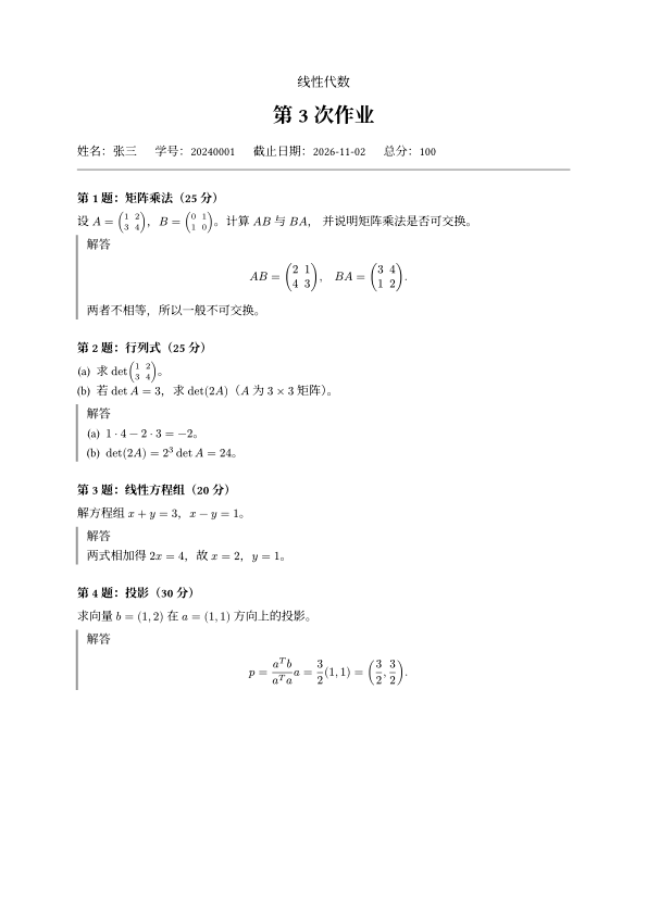 作业第一页：课程、姓名、学号、总分 100，四道题，每题下方有带左侧竖线的解答块