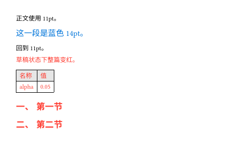 set-rules.typ 的渲染：正文 11pt，方括号内一段蓝色 14pt，之后回到 11pt，从 draft 那行起所有文字包括表格变红，最后两个标题带“一、”“二、”编号