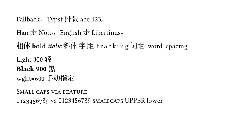 fonts.typ 的渲染：回退示例，Han 走 Noto，粗体、斜体、字距和词距变化，三行不同字重（Light 300、Black 900、wght=600），小型大写，旧式数字对比，smallcaps、upper、lower