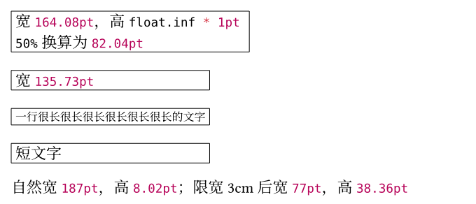 layout.typ 的渲染：第一个框里写着宽 164.08pt 和高 float.inf * 1pt，下面一行是 50% 的换算；第二个框写着宽 135.73pt；第三个框里长句被缩小后刚好放进框内；第四个框里短文字保持原样；最后一行是自然宽与限宽后的数值