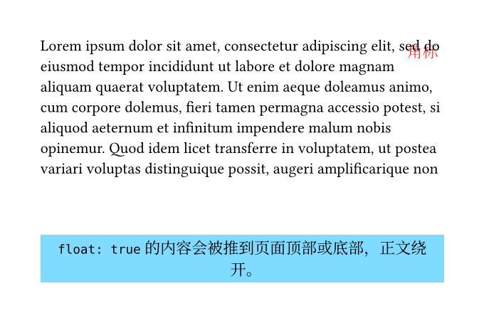 place.typ 第 1 页：一段 Lorem ipsum 正文，右上角有一个红色的角标压在正文最后一个词上，页面底部有一块浅蓝色的矩形，里面写着 float: true