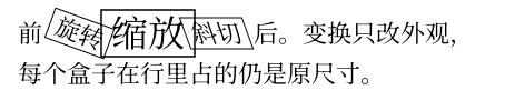 一行文字中间有三个带边框的盒子：旋转的、放大的、斜切的，它们互相重叠，放大的盒子明显盖住了左右邻居