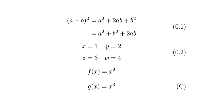 alignment.typ 的渲染：第一个公式两行等号对齐，右侧一个编号 (0.1)；第二个公式两行四列，右侧一个编号 (0.2)；随后无编号的 f(x) 等于 x 平方；最后 g(x) 等于 x 立方，编号写成 (C)