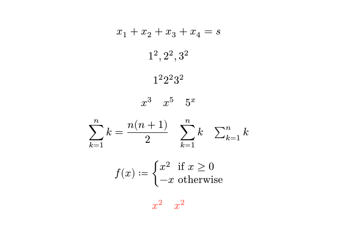 code-in-math.typ 的渲染：x1 加到 x4 等于 s；1 的平方、2 的平方、3 的平方，逗号分隔；同样三项连写没有逗号和空隙；x 的 3 次、5 次与 5 的 x 次；块与行内两种求和；分段函数；红色的 x 平方