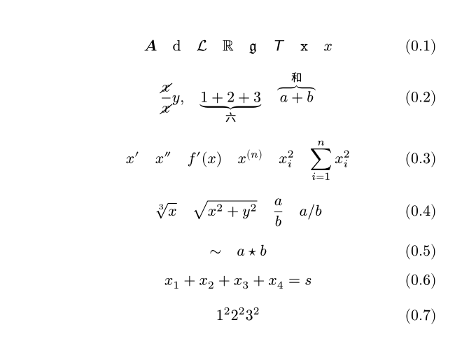 math-functions.typ 的渲染：粗斜体 A、正体 d、花体 L、黑板粗体 R、哥特体 g、无衬线 T、等宽 x 与斜体 x；约分划线、六与和的括号标注；撇号与上下标；根号与分式；class 的两个例子；用代码拼出的 x1 加 x2 加 x3 加 x4 等于 s；最后一行是 1 的平方、2 的平方、3 的平方，没有空隙
