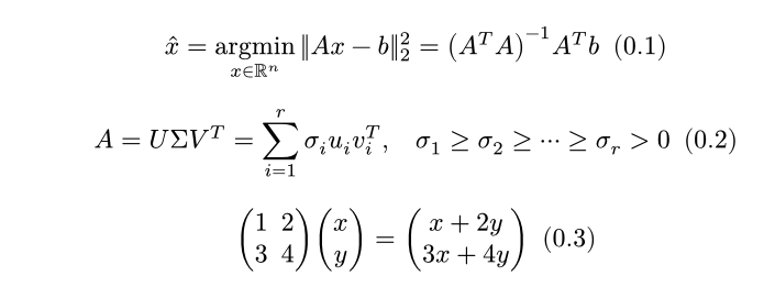 三行块公式：x 帽等于 argmin 范数平方，等于 A 转置 A 的逆乘 A 转置 b；A 等于 U Sigma V 转置，等于 sigma_i u_i v_i 转置的求和；二阶矩阵乘列向量。每行右侧有编号 (0.1) 到 (0.3)