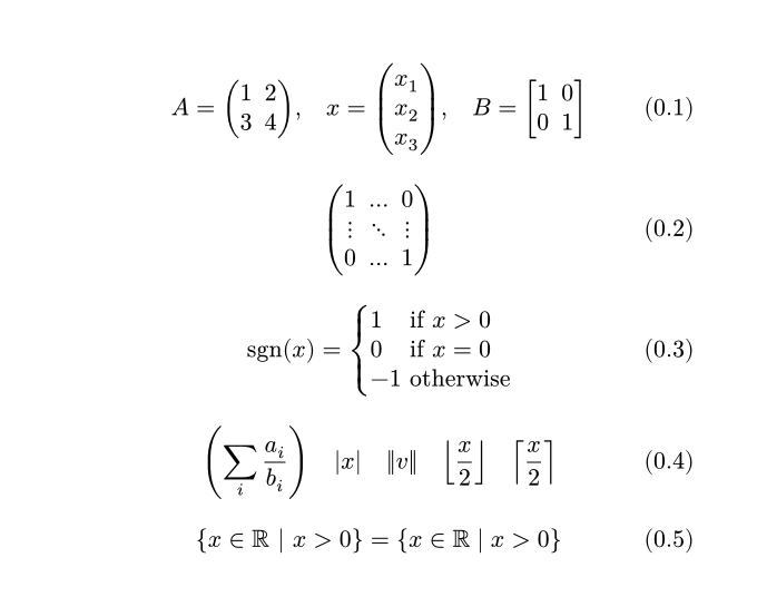 matrices.typ 的渲染：圆括号矩阵、竖向量与方括号单位阵；省略号矩阵；三分支 cases；被拉高的圆括号、绝对值、范数、下取整与上取整；集合记号两种写法渲染相同