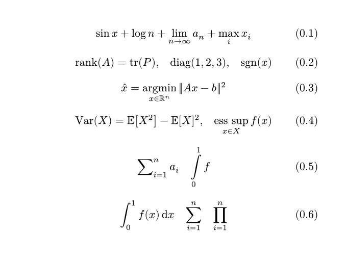 operators.typ 的渲染：sin、log、lim 与 max 带下限；rank、tr、diag、sgn；argmin 下方带条件；自定义的 Var 与 ess sup；scripts 把求和号的上下限改成角标，limits 把积分号的上下限改成上下；最后一行积分上下限是角标，求和与乘积的上下限在上下
