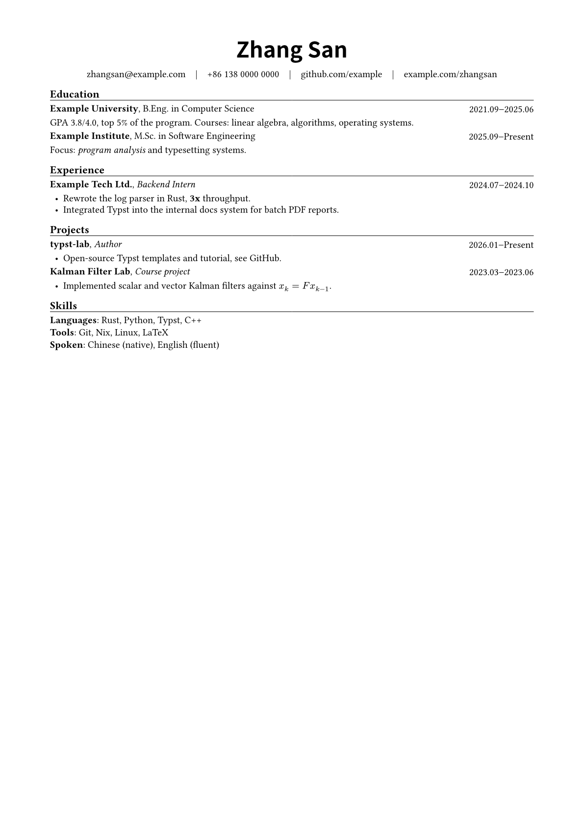 英文简历：同样的版式，标题换成 Education、Experience、Projects、Skills，学校名加粗，职位斜体，进行中的日期写 Present，数学式 x_k = F x_(k-1) 照常排出