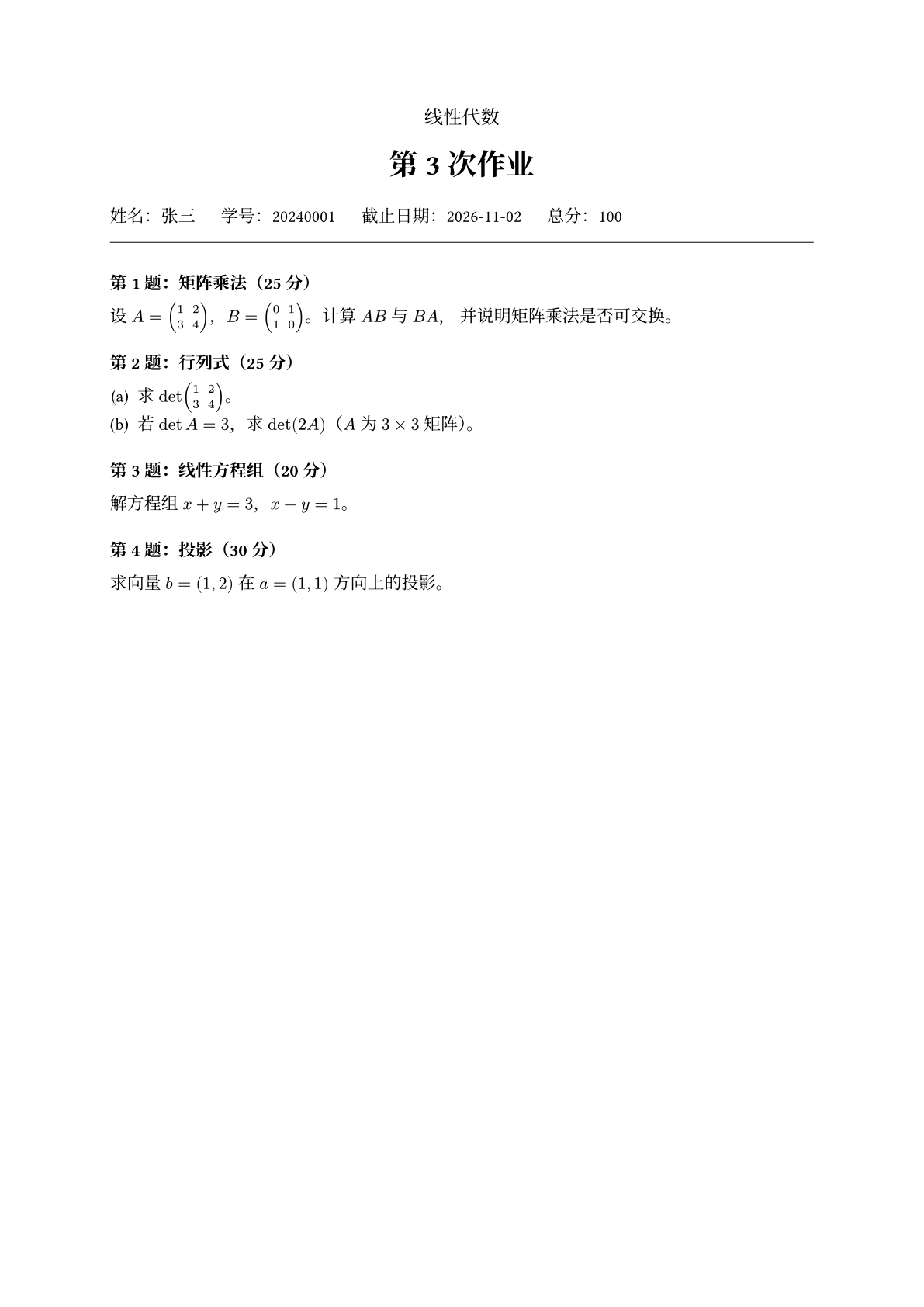 不带解答的作业第一页：页眉与总分和上一张完全相同，四道题依次排列，题目下面没有灰色竖线块，页面下半部分是空白